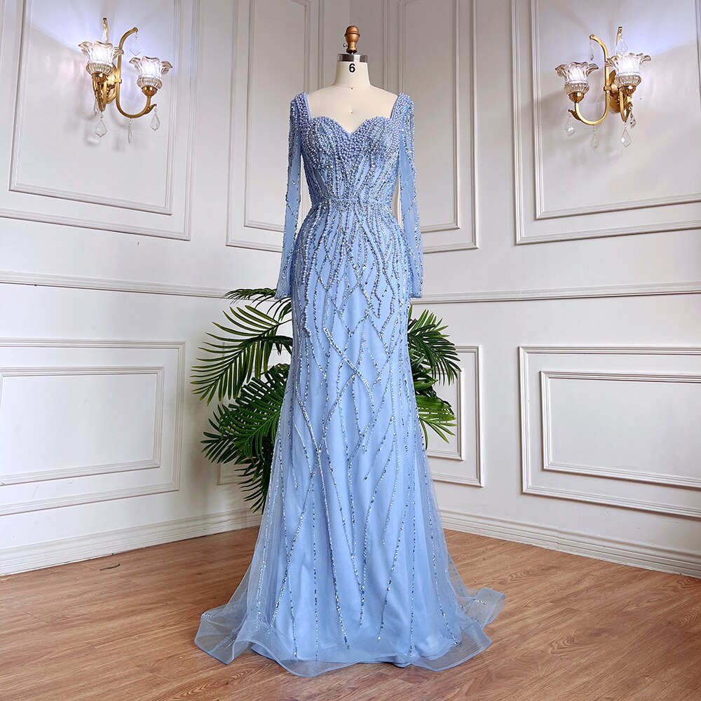 Blue Mermaid Luxury Pearls Beaded Arabic Elegant Evening Dresses Gowns For Woman Wedding Party LA71861