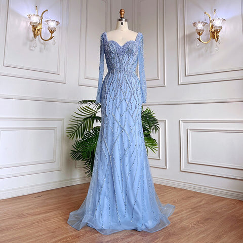 Blue Mermaid Luxury Pearls Beaded Arabic Elegant Evening Dresses Gowns For Woman Wedding Party LA71861