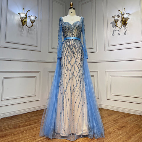 Blue Mermaid Luxury Pearls Beaded Arabic Elegant Evening Dresses Gowns For Woman Wedding Party LA71861