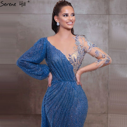Blue Mermaid O-Neck Evening Gowns 2025 Dubai Long Sleeves Beading Sparkle Formal Dress LA70759