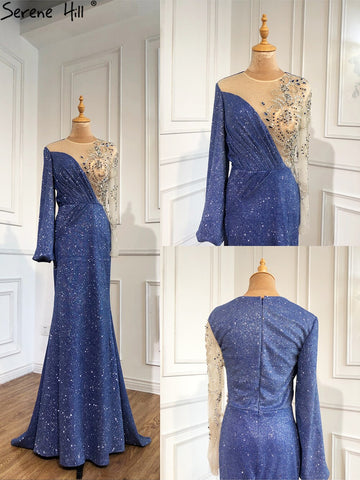 Blue Mermaid O-Neck Evening Gowns 2025 Dubai Long Sleeves Beading Sparkle Formal Dress LA70759