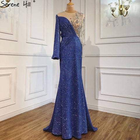 Blue Mermaid O-Neck Evening Gowns 2025 Dubai Long Sleeves Beading Sparkle Formal Dress LA70759