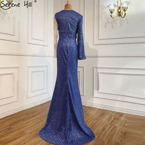 Blue Mermaid O-Neck Evening Gowns 2025 Dubai Long Sleeves Beading Sparkle Formal Dress LA70759