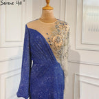 Blue Mermaid O-Neck Evening Gowns 2025 Dubai Long Sleeves Beading Sparkle Formal Dress LA70759