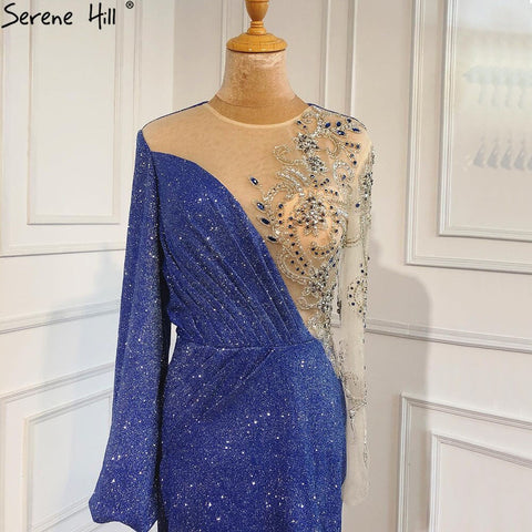 Blue Mermaid O-Neck Evening Gowns 2025 Dubai Long Sleeves Beading Sparkle Formal Dress LA70759