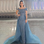 Blue Mermaid Off Shoulder Avond Jurken 2025 Luxe Kralen Overrok Elegant Voor Vrouw Party LA71566