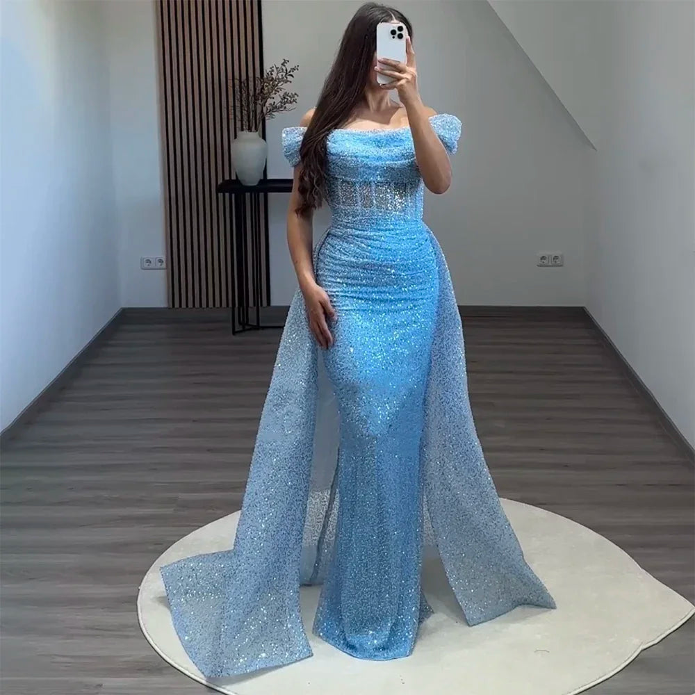 Blue Mermaid Off The Shoulder With Overskirt Beaded Sequined Evening Dresses Gowns For Women Party 2025 LA72204