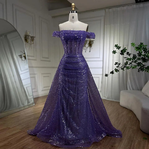 Blue Mermaid Off The Shoulder With Overskirt Beaded Sequined Evening Dresses Gowns For Women Party 2025 LA72204