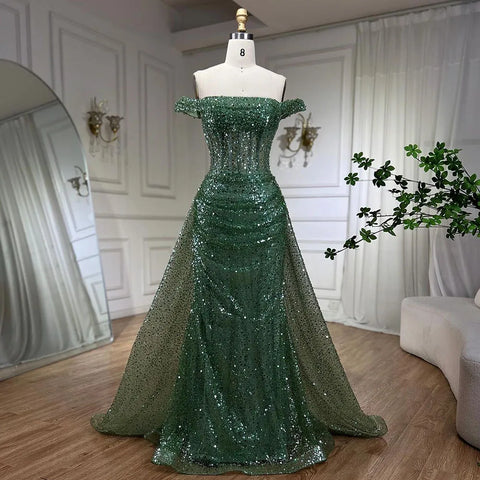 Blue Mermaid Off The Shoulder With Overskirt Beaded Sequined Evening Dresses Gowns For Women Party 2025 LA72204