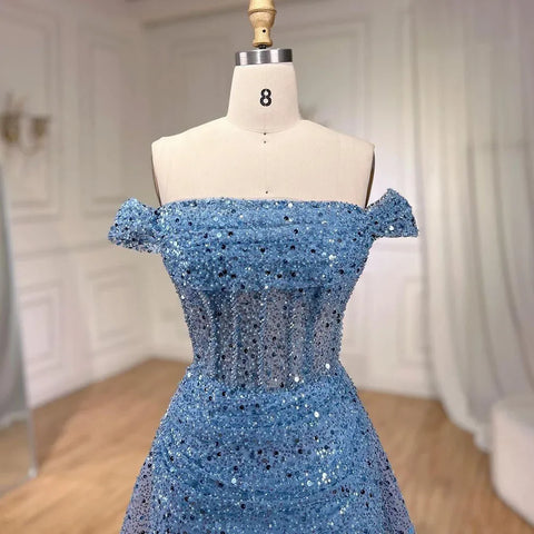 Blue Mermaid Off The Shoulder With Overskirt Beaded Sequined Evening Dresses Gowns For Women Party 2025 LA72204