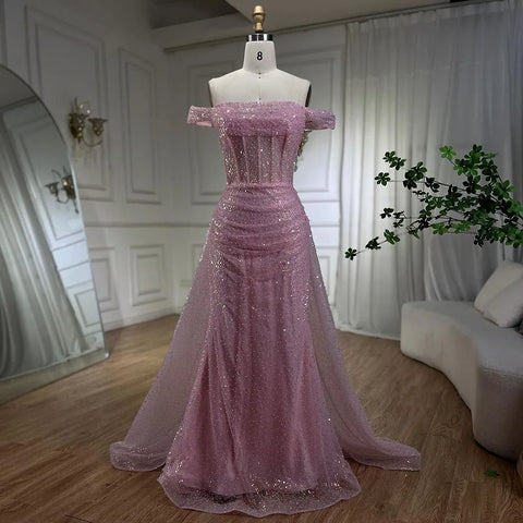 Blue Mermaid Off The Shoulder With Overskirt Beaded Sequined Evening Dresses Gowns For Women Party 2025 LA72204