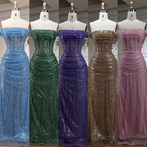 Blue Mermaid Off The Shoulder With Overskirt Beaded Sequined Evening Dresses Gowns For Women Party 2025 LA72204