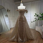 Blue Mermaid Off The Shoulder With Overskirt Beaded Sequined Evening Dresses Gowns For Women Party 2025 LA72204