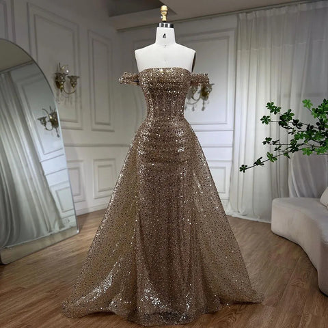 Blue Mermaid Off The Shoulder With Overskirt Beaded Sequined Evening Dresses Gowns For Women Party 2025 LA72204