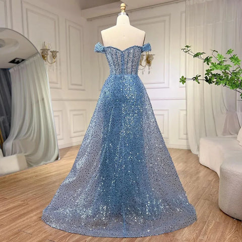 Blue Mermaid Off The Shoulder With Overskirt Beaded Sequined Evening Dresses Gowns For Women Party 2025 LA72204