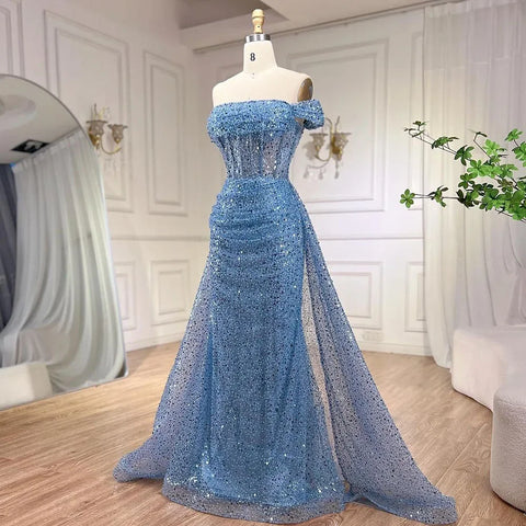 Blue Mermaid Off The Shoulder With Overskirt Beaded Sequined Evening Dresses Gowns For Women Party 2025 LA72204