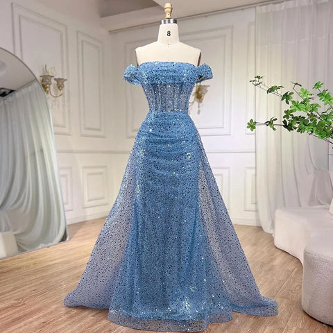 Blue Mermaid Off The Shoulder With Overskirt Beaded Sequined Evening Dresses Gowns For Women Party 2025 LA72204
