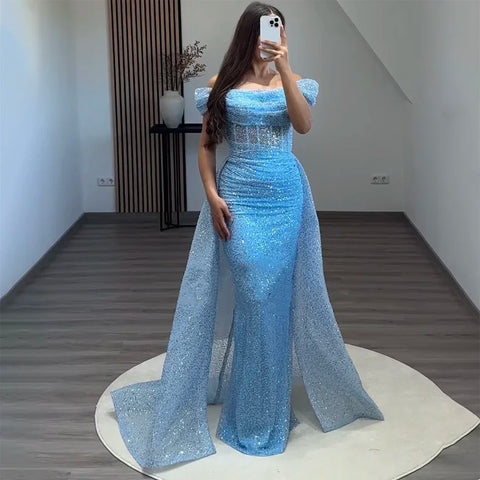 Blue Mermaid Off The Shoulder With Overskirt Beaded Sequined Evening Dresses Gowns For Women Party 2025 LA72204