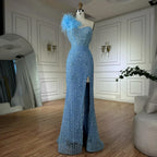 Blue Mermaid One Shoulder Beaded Evening Gown High Split and Feathers for Formal Occasion  2025 LA72347