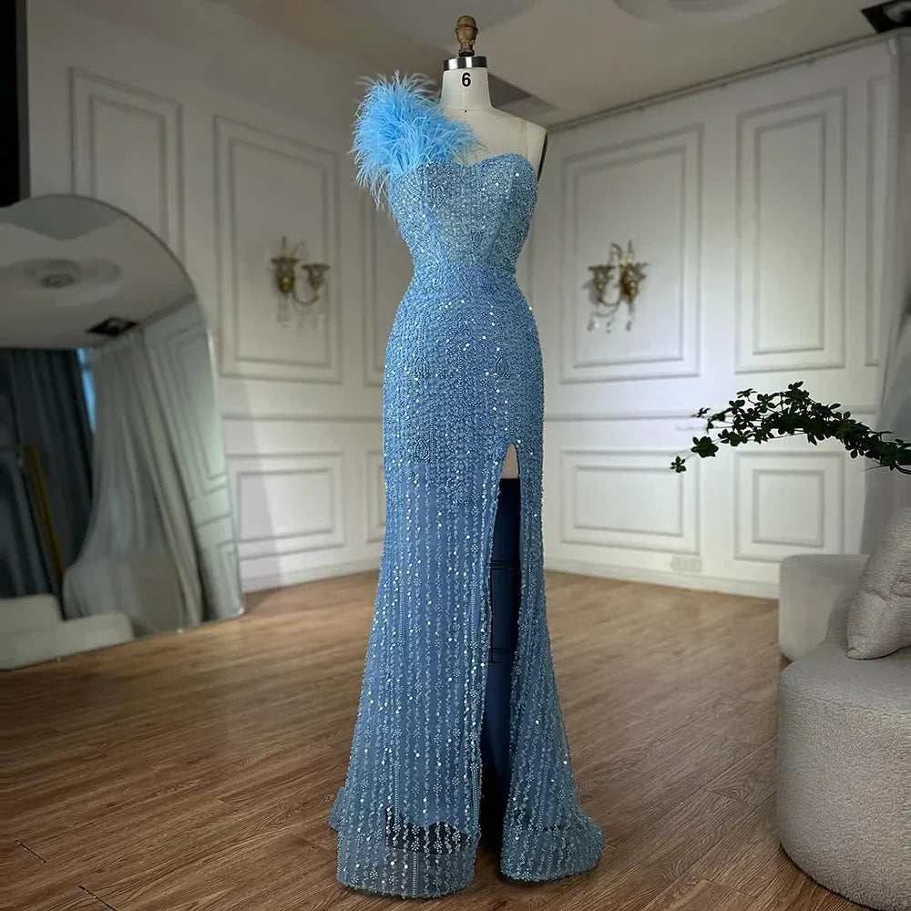 Blue Mermaid One Shoulder Beaded Evening Gown High Split and Feathers for Formal Occasion  2025 LA72347
