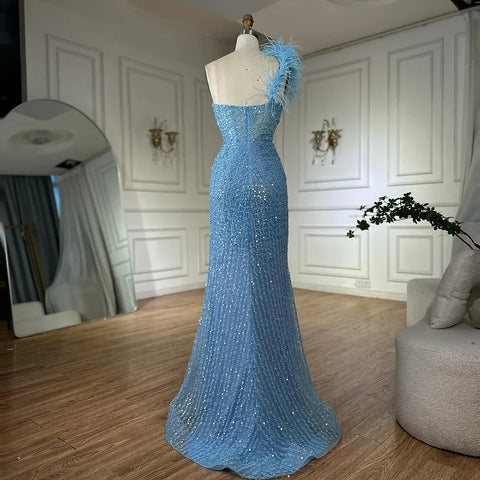 Blue Mermaid One Shoulder Beaded Evening Gown High Split and Feathers for Formal Occasion  2025 LA72347