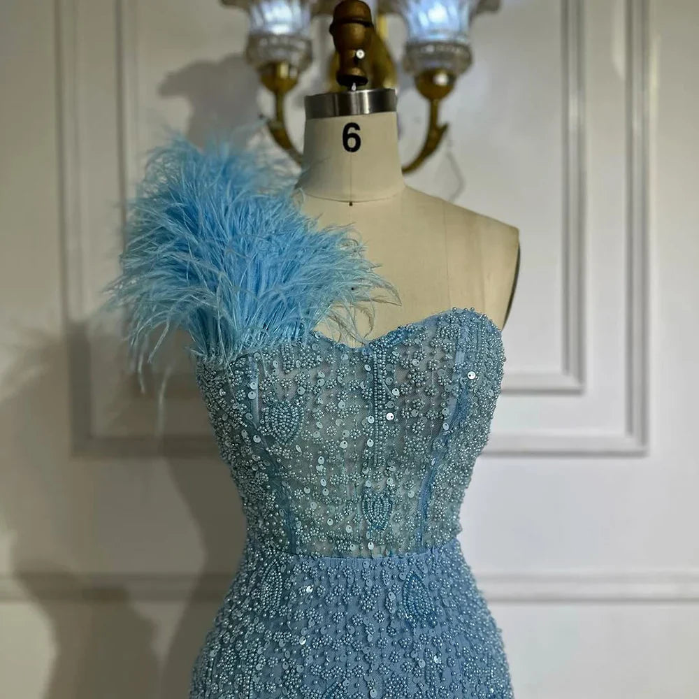 Blue Mermaid One Shoulder Beaded Evening Gown High Split and Feathers for Formal Occasion  2025 LA72347