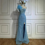 Blue Mermaid One Shoulder Beaded Evening Gown High Split and Feathers for Formal Occasion  2025 LA72347