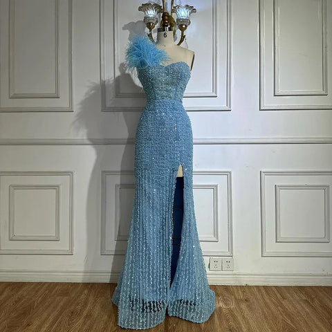 Blue Mermaid One Shoulder Beaded Evening Gown High Split and Feathers for Formal Occasion  2025 LA72347