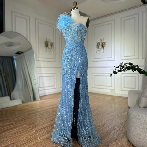 Blue Mermaid One Shoulder Beaded Evening Gown High Split and Feathers for Formal Occasion  2025 LA72347