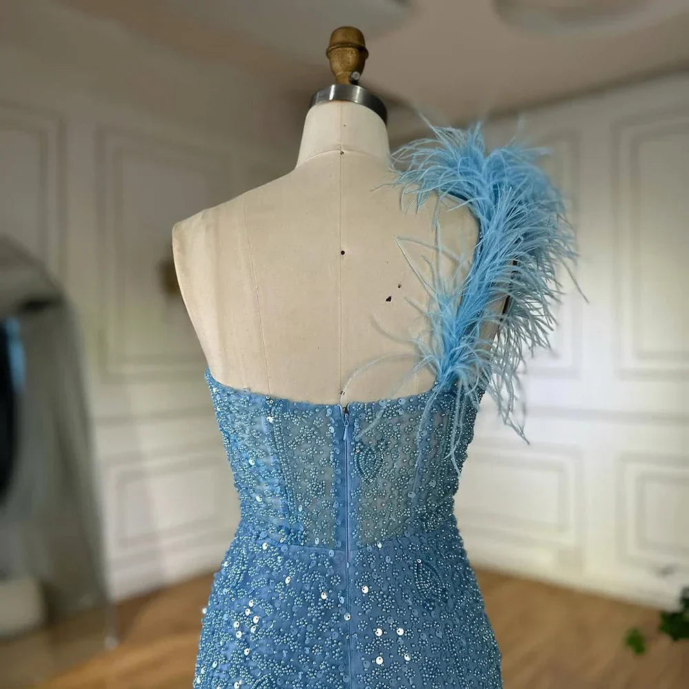 Blue Mermaid One Shoulder Beaded Evening Gown High Split and Feathers for Formal Occasion  2025 LA72347