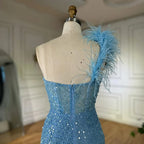 Blue Mermaid One Shoulder Beaded Evening Gown High Split and Feathers for Formal Occasion  2025 LA72347