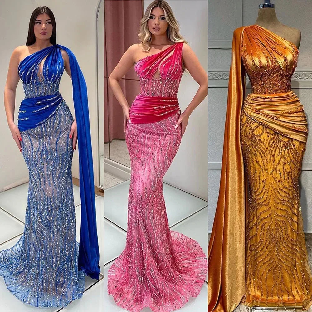 Blue Mermaid One Shoulder Elegant Cape Sleeve Beaded Luxury Evening Dresses Gowns For Women Party 2025 LA72323