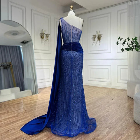 Blue Mermaid One Shoulder Elegant Cape Sleeve Beaded Luxury Evening Dresses Gowns For Women Party 2025 LA72323