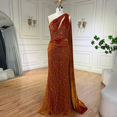 Blue Mermaid One Shoulder Elegant Cape Sleeve Beaded Luxury Evening Dresses Gowns For Women Party 2025 LA72323