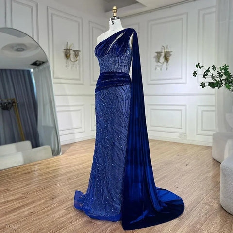 Blue Mermaid One Shoulder Elegant Cape Sleeve Beaded Luxury Evening Dresses Gowns For Women Party 2025 LA72323