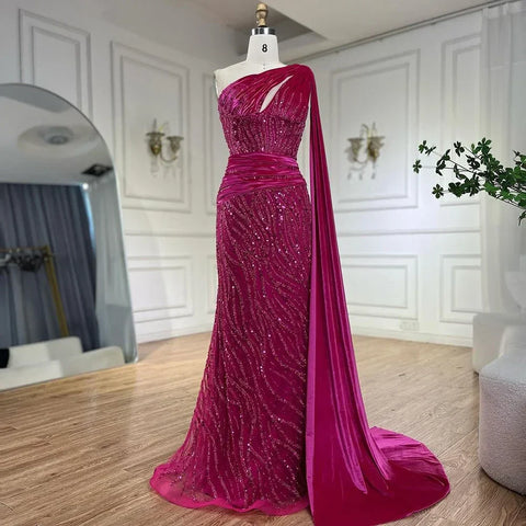 Blue Mermaid One Shoulder Elegant Cape Sleeve Beaded Luxury Evening Dresses Gowns For Women Party 2025 LA72323