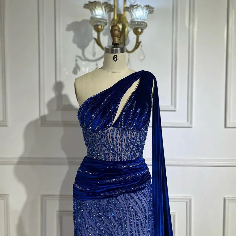 Blue Mermaid One Shoulder Elegant Cape Sleeve Beaded Luxury Evening Dresses Gowns For Women Party 2025 LA72323
