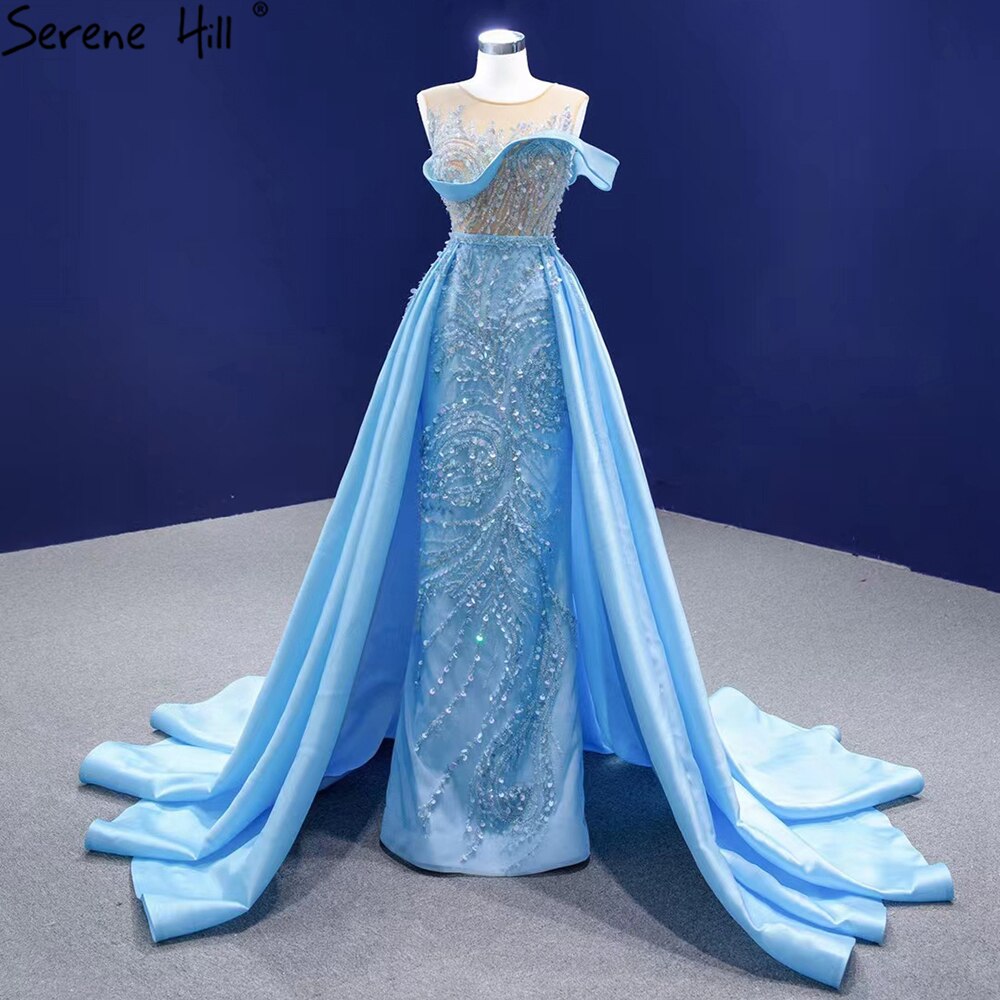 Blue Mermaid Overskirt Evening Dresses Gowns 2025 Beaded Elegant Luxury Satin For Women Party HM67366