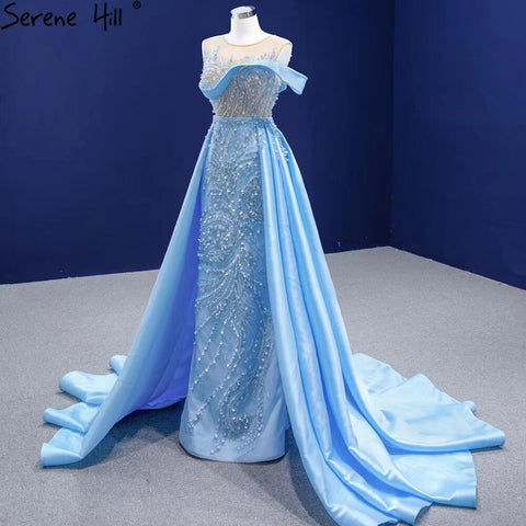Blue Mermaid Overskirt Evening Dresses Gowns 2025 Beaded Elegant Luxury Satin For Women Party HM67366