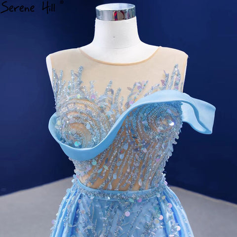 Blue Mermaid Overskirt Evening Dresses Gowns 2025 Beaded Elegant Luxury Satin For Women Party HM67366