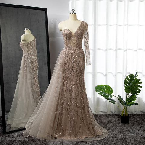 Blue Mermaid Sexy Elegant One Shoulder Evening Dresses Gowns Beaded Luxury  2025 For Women Party LA71629