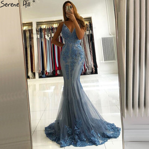 Blue Mermaid Sexy Evening Dresses Sleeveless Beading Lace High-end Formal Dress Design LA70724