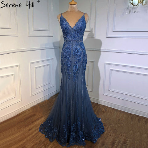 Blue Mermaid Sexy Evening Dresses Sleeveless Beading Lace High-end Formal Dress Design LA70724