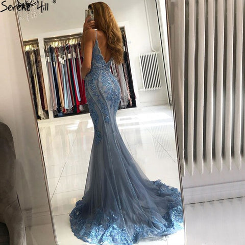 Blue Mermaid Sexy Evening Dresses Sleeveless Beading Lace High-end Formal Dress Design LA70724