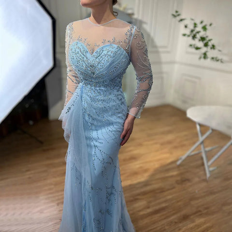 Robe de soirée sirène bleue sexy fendue haute, élégante avec jupe en dentelle et perles, sans retour ni remboursement, pour femme, 2025, LA71781 