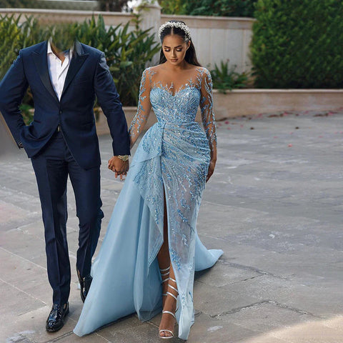 Robe de soirée sirène bleue sexy fendue haute, élégante avec jupe en dentelle et perles, sans retour ni remboursement, pour femme, 2025, LA71781 