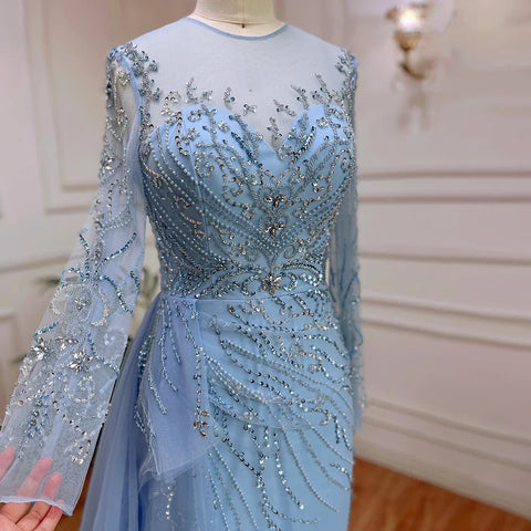Robe de soirée sirène bleue sexy fendue haute, élégante avec jupe en dentelle et perles, sans retour ni remboursement, pour femme, 2025, LA71781 