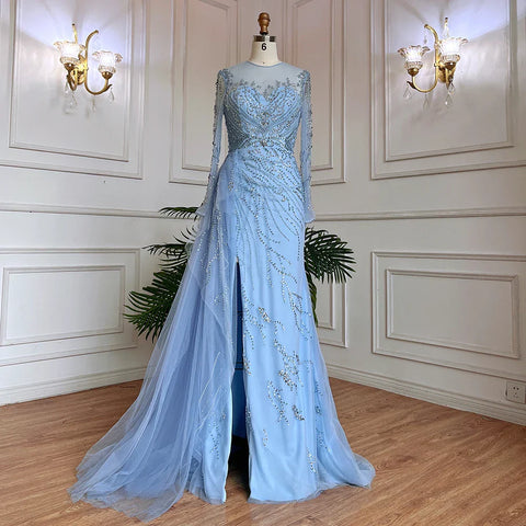 Robe de soirée sirène bleue sexy fendue haute, élégante avec jupe en dentelle et perles, sans retour ni remboursement, pour femme, 2025, LA71781 