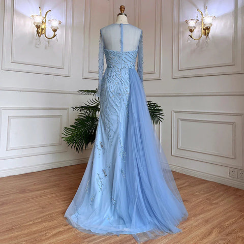 Robe de soirée sirène bleue sexy fendue haute, élégante avec jupe en dentelle et perles, sans retour ni remboursement, pour femme, 2025, LA71781 