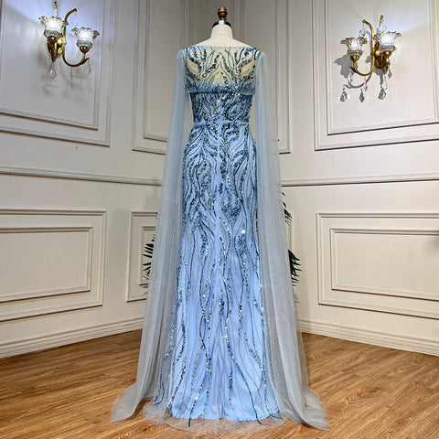 Blue Mermaid Sexy Long Cape Sleeves Evening Dresses High Slipt Gowns Luxury Beaded 2025 For Women Party LA72015